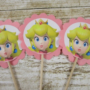 Princess Peach Cupcake picks, Princess Peach Party,  Birthday party supplies, Mario Brothers birthday theme