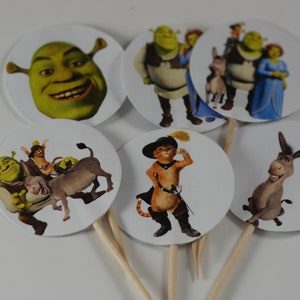 Set of 12, 24 or 36 cupcake picks, Shrek birthday theme, Birthday cupcake toppers, Birthday cupcake picks, Shrek cupcake picks, double sided