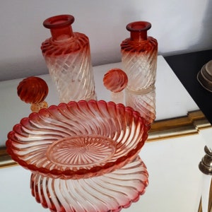 Baccarat French Art Glass ROSE TIENTE AMBERINA 2 Perfume Bottles and Swirl Dresser Tray