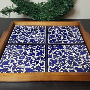 Hand Painted Ceramic Tiled Wooden Serving Tray, Navy Blue, Decorative Handmade Tray for Home Decor, Birthday Gift, Housewarming