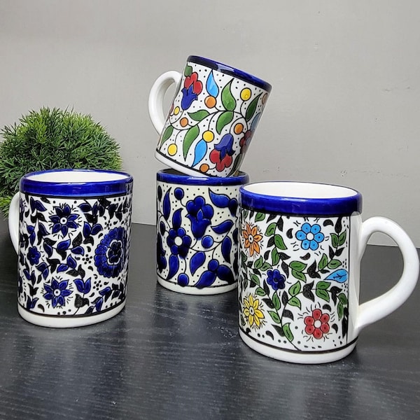 Navy blue, colorful floral hand-painted Ceramics Mugs, Birthday Gift, Coffee Mug for Her or Him, Housewarming gift