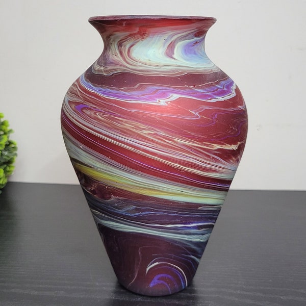 Fiery Red Handblown Phoenician Glass Vase - Swirled Turquoise and Purple Accents, Decorative Vase for long flowers