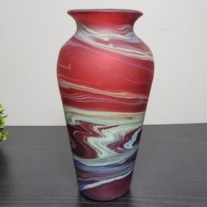 Fiery Red Handblown Phoenician Glass Vase - Swirled Turquoise and Purple Accents - Unique Recycled Art Glass Home Decor and Gift