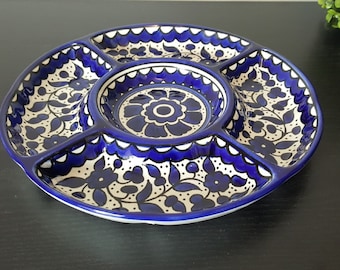 Hand Painted Ceramic Divided Serving Platter, Dip Tray Perfect for Snack, 9 Inch, Navy blue, Multicolor Floral, Handmade in Palestine