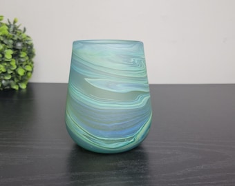 Handblown Recycled Glass Stemless Wine Glass, Turquoise Swirl