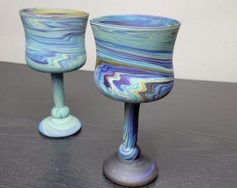 Vintage Handblown Goblets , Swirl of Purple Turquoise Green , Made with Recycled Glass, Phoenician Wine Glass, Weeding gift, Housewarming