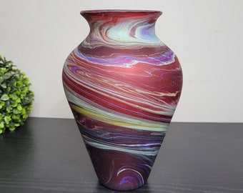 Fiery Red Handblown Phoenician Glass Vase - Swirled Turquoise and Purple Accents, Decorative Vase for long flowers