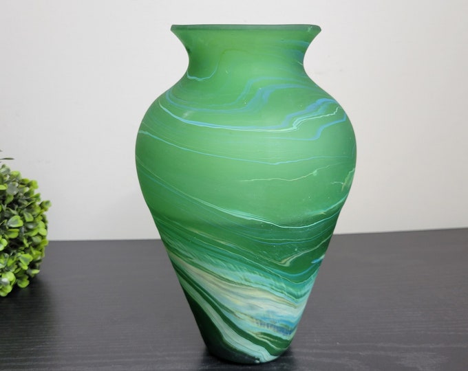 Green Phoenician Vase, Swirls of Turquoise, Hand Blown Glass Vase, Made