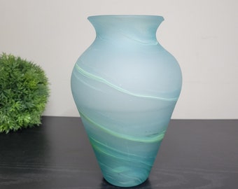 Handblown Phoenician Turquoise Vase, Swirls of Green, White, Made with Recycled Glass, Decorative Vase for long flowers