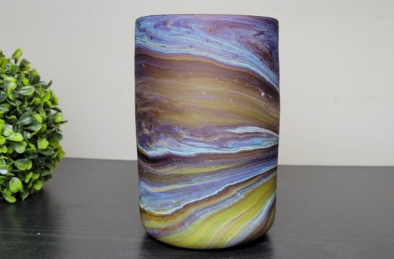 Hand Blown Phoenician Glass Vase: Blue Amber Cylinder Decor
