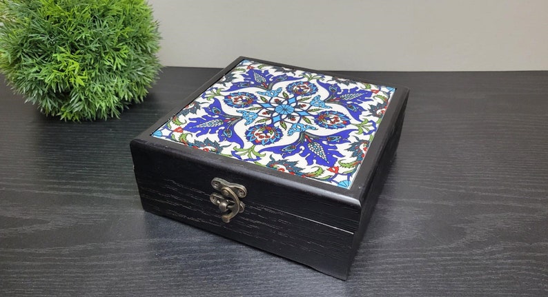 Handmade Wooden Jewelry Box With hand-painted Ceramics Tile Box (B)