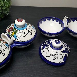 Hand-Painted Olive Oil and Thyme Dipping Ceramic Bowl (Zeit W Zaatar), Navy blue and Multi-colored Floral, Made In Palestine