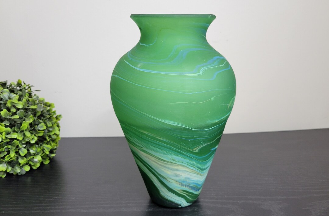 Green Phoenician Vase, Swirls of Turquoise, Hand Blown Glass Vase, Made With Recycled Glass