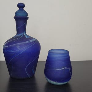 Handblown Recycled Glass Decanter: Navy Blue Swirls, Home Decor