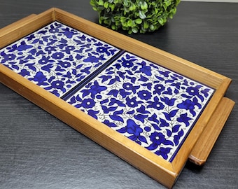 Hand Painted Ceramic Tiled Wooden Serving Tray, Decorative Handmade Tray for Home Decor, Birthday Gift, Housewarming
