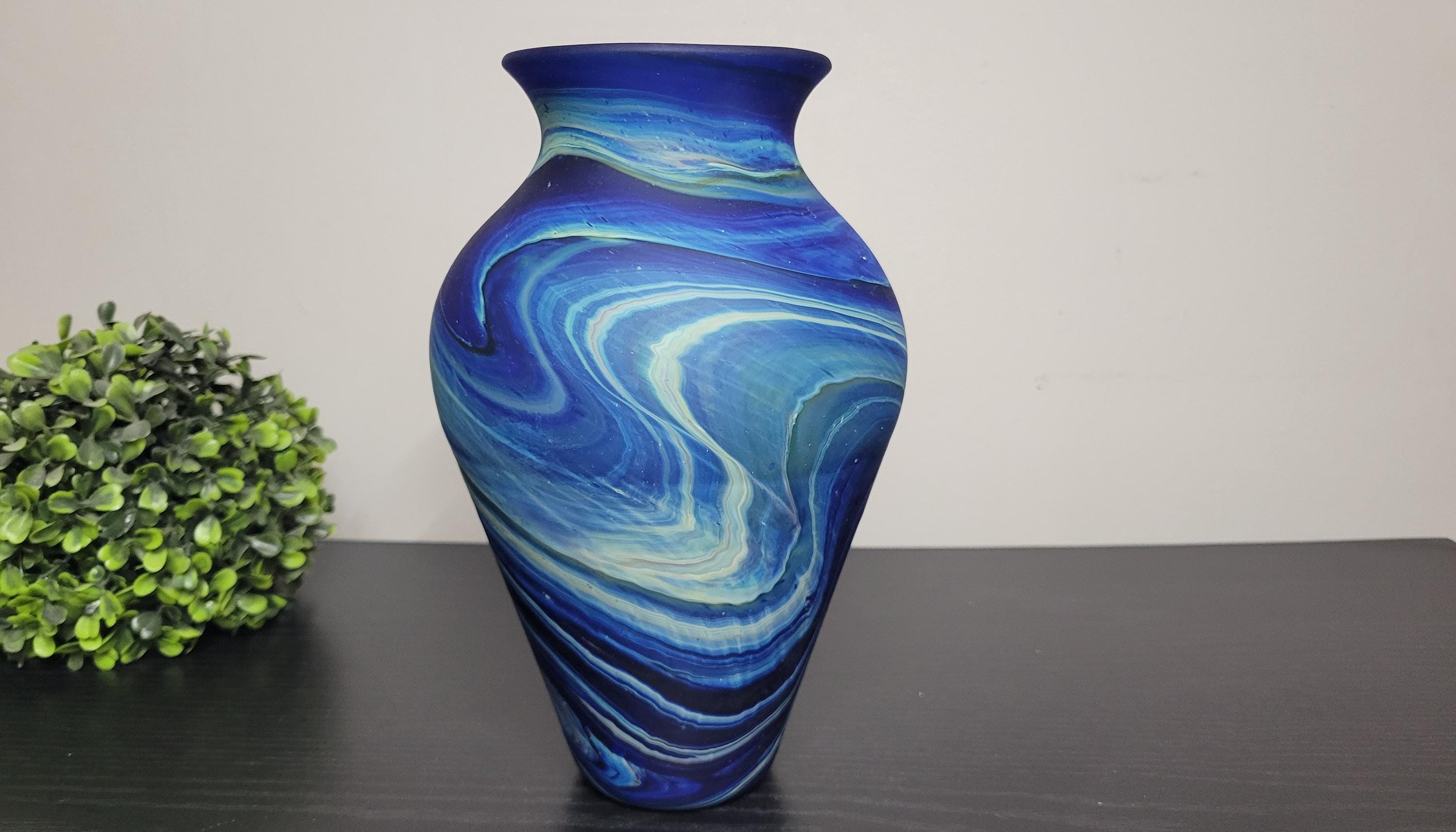 Handblown Navy Blue Swirl Glass Vase Phoenician Style Decor