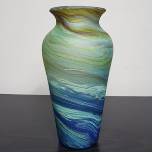 Handblown Deep Glass Vase, Swirls of Green ,Turquoise and Navy, Flower Vase for Home Decor made with Recycled Glass, Christmas Gift