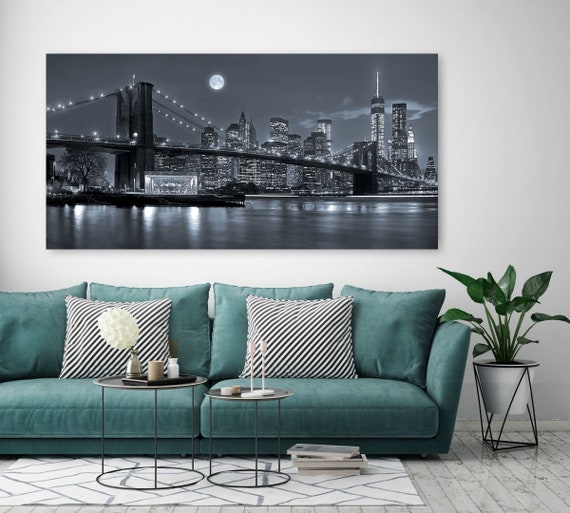 Brooklyn Bridge New York Skyline in Black and White with Blue | Etsy