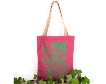 Bag with handles. Totebag Rosa. Pink and green bag. Stamped bag. Stamped Tote. Totebag summer. Buenavidastudio. Vegan fashion.