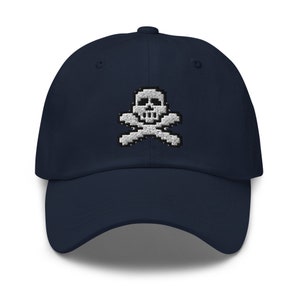 May include: A navy blue baseball cap with a white embroidered skull and crossbones design.
