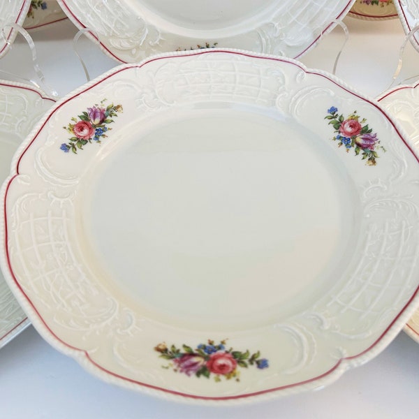 7 Rare Rosenthal Sanssouci 1254 Dinner Plates, White Multifloral & Pink Band, Set of 7, Selb Germany, Wedding Gift or Easter