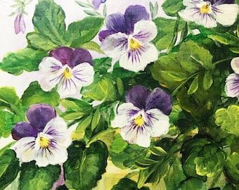 Spring Pansies Original Painting on Canvas by Artist Ellen Bass, Floral Botanical Art, 9x12