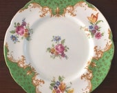 4 PARAGON Rockingham Green Bread and Butter Plates, Set of 4, Double Warrant quot HM The Queen HM Queen Mary quot , Bouquet Center, 1939, Easter