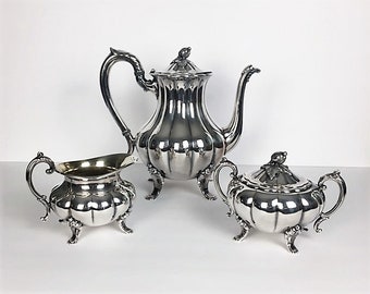 ONEIDA HEIRLOOM MELON Silverplate 3 Piece Coffee Service Only, Tall Feet, Coffee Pot, Creamer, Sugar Bowl W/Lid, Wedding/Holiday/Anniversary