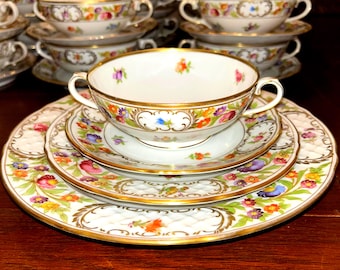 Vintage Schumann Bavaria Empress Dresden Flowers Cream Soup Bowl and Saucer Sets, 16 Available