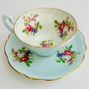 Foley E. Brain  Teacup and Saucer Set  Blue & White + Multicolor Flowers, Gold Rims, Vintage Bone China, Made in England