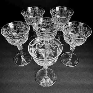 6 “Spode&quot; by ROCK SHARPE Champagne  or Tall Sherbet Glasses, Rare Set of 6,  5 7/8&quot;H,  Etched Blown Glass, Cut Floral and Dot Design