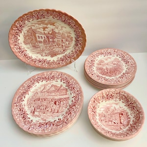 17 Piece “Red River” Red Transferware Dinnerware Set By 17th Century England, Vintage Ironstone Plates, Bowls, & Platter