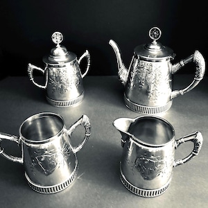 Antique 4 Pc. Tea Set, Acme Silver Co., Quadruple Plate, Art Nouveau, c. 1884-1898, Engraved Berry & Branch Motif