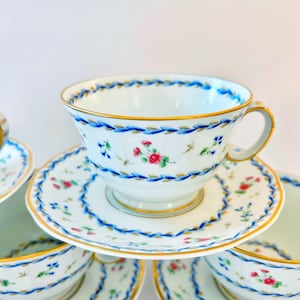 5 “Artois Bleu” Teacup and Saucer Sets, Bernardaud Limoges, Vintage 1980s, Mint