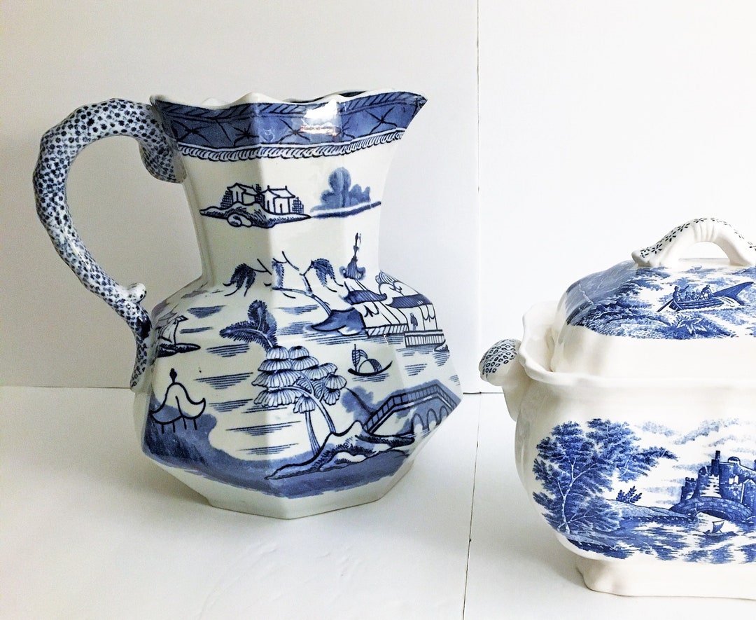 Antique Flow Blue Huge Blue & White Octagonal Pitcher by Ashworth