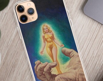 Sexy Blone Pin Up Chica en sexy vestido amarillo mostrando sexy cuerpo iPhone caso