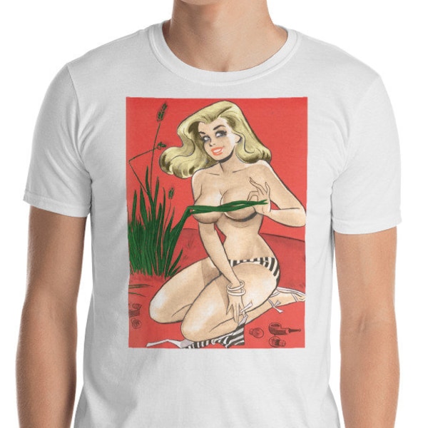 Vintage Style Missing Top Bikini Girl T-Shirt - Sexy Comic Drawing Short-Sleeve Unisex T-Shirt