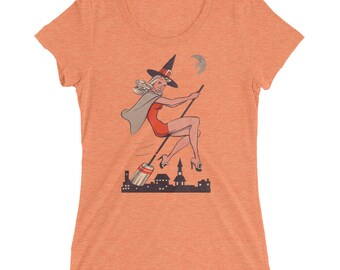 Ladies Vintage Pin Up Girl Witch on Broom Halloween T-shirt