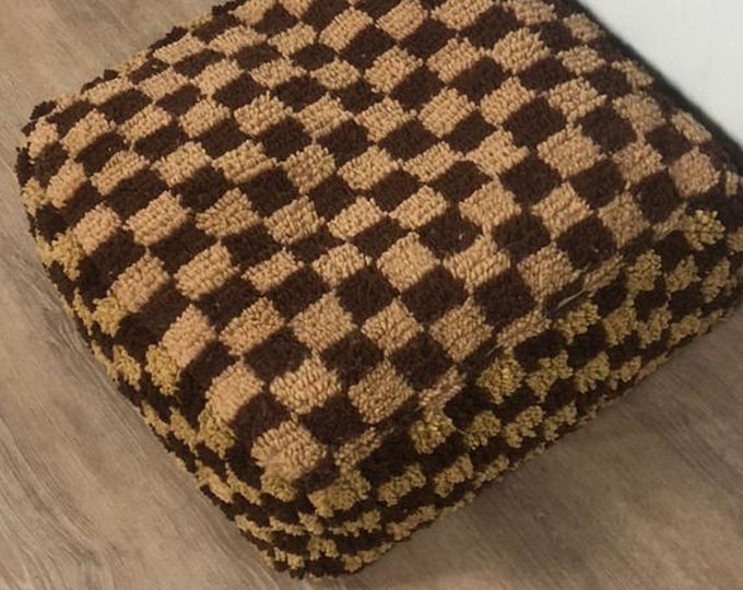 Brown and cream checkered Moroccan Pouf: Berber checkerboard Flour pillow,