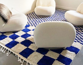 Stylish Blue and White Checkered Wool Rug - Irregular Moroccan Checkerboard Pattern