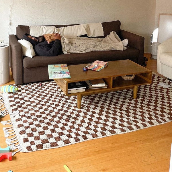 Brown Checkered area rug, Moroccan Berber checkerboard rug