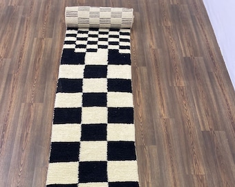 Irregular Checkered Black and white runner rug! Moroccan Berber wool runner rug.