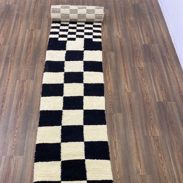 Irregular rug: Checkered runner rug! Moroccan Berber wool rugs runners.