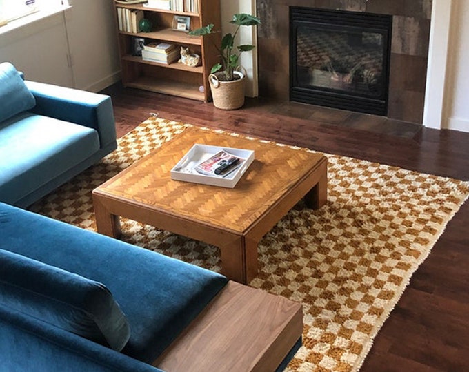 Light Brown and white area rug, Large Moroccan Berber Checkered Checker nursery rug