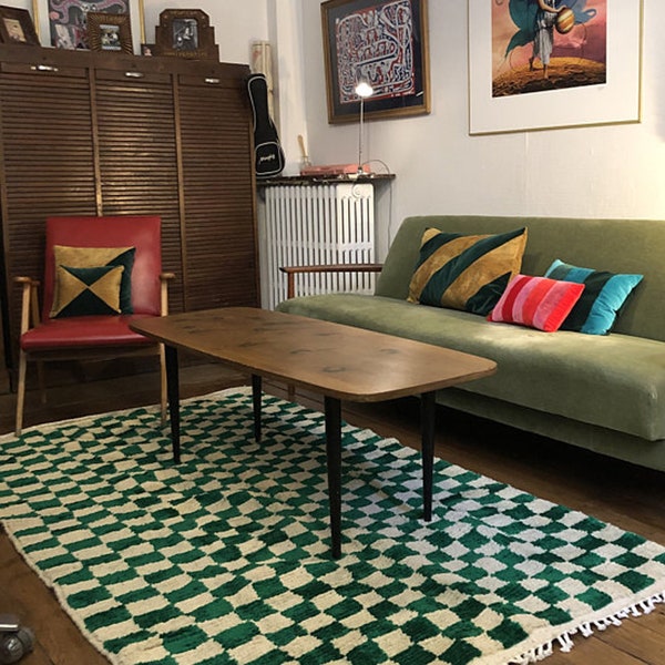 Green Moroccan Checkered rug, Wool soft shag Area Rugs!