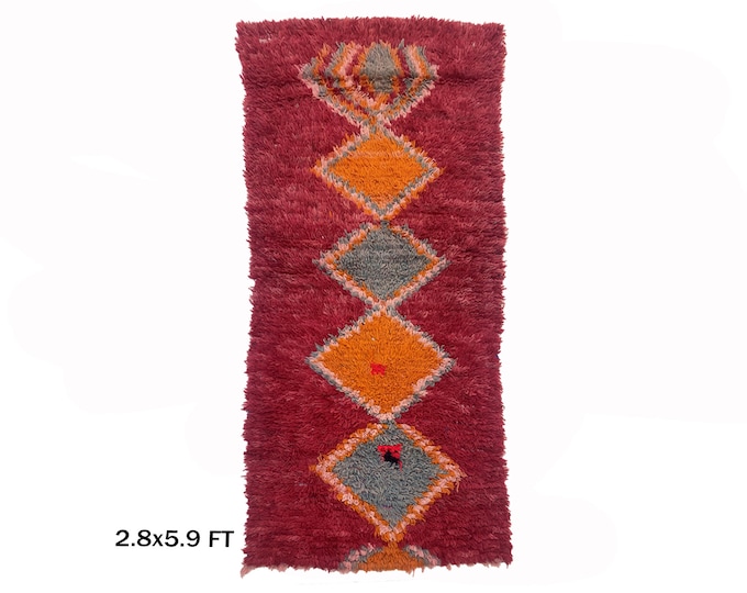 Vintage Moroccan 6x3 Rug in Red, Small Diamond Woven Rug.