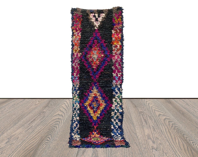 2x8 Berber unique Vintage Moroccan Black runner Rug, Boucherouite narrow rugs.
