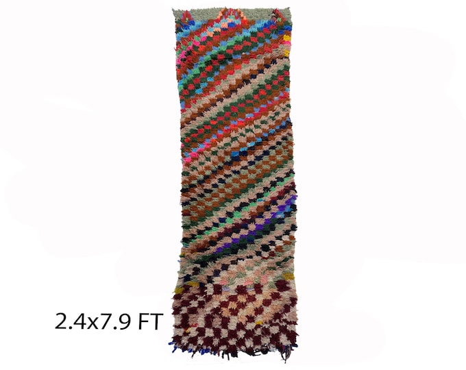 2x8 Checkered colorful runner rugs, Moroccan woven rug runner.