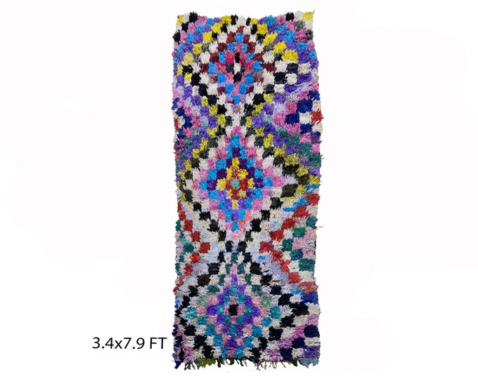 Moroccan checkered runner rug 3x8, Vintage colorful  rug runner.