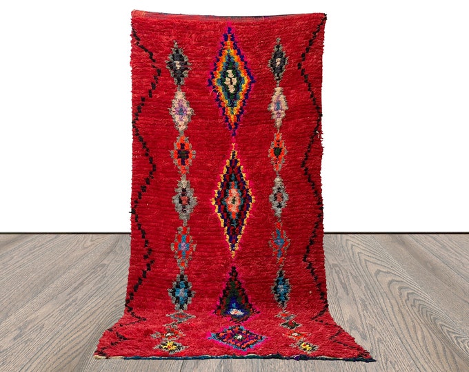 4 By 12 Extra Large Vintage red area Rug, Moroccan Berber Handwoven Diamond Rug.